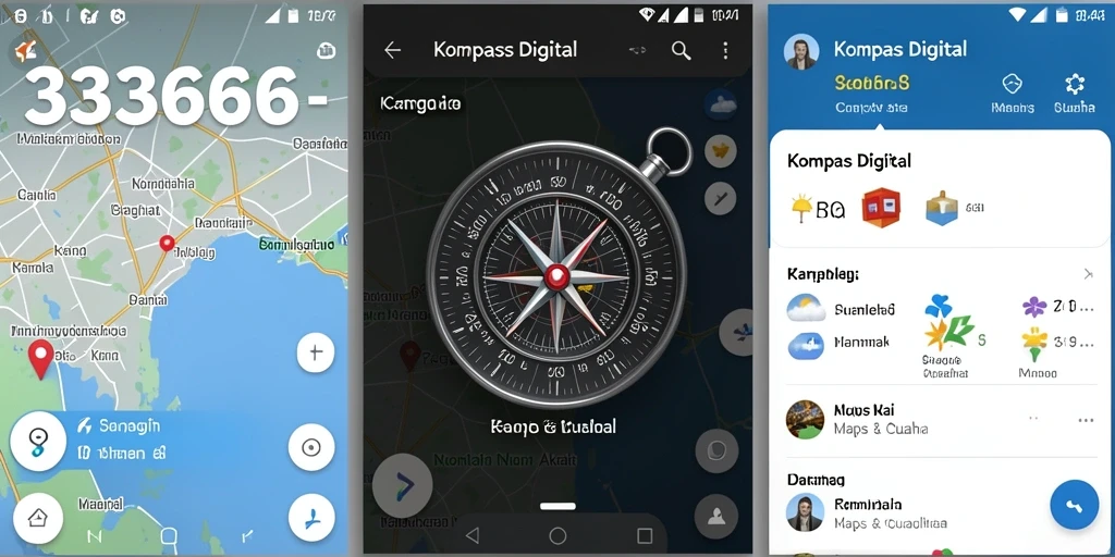 Tampilan antarmuka aplikasi Kompas Digital 333666 dengan fitur navigasi dan cuaca.